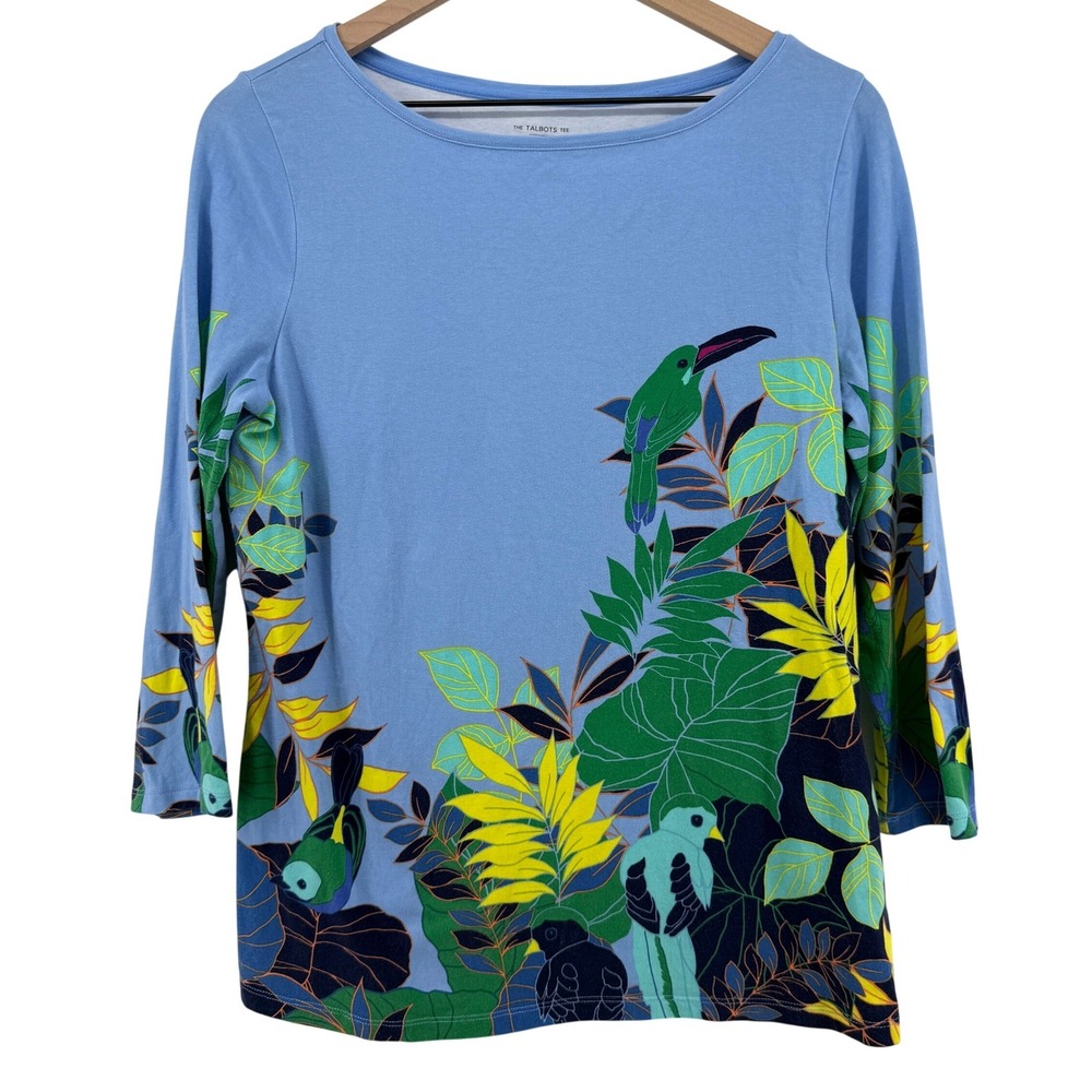 Talbots Bateau Jungle Neck 3/4 Sleeve Tee Light Blue Women M Bird Tropical Color